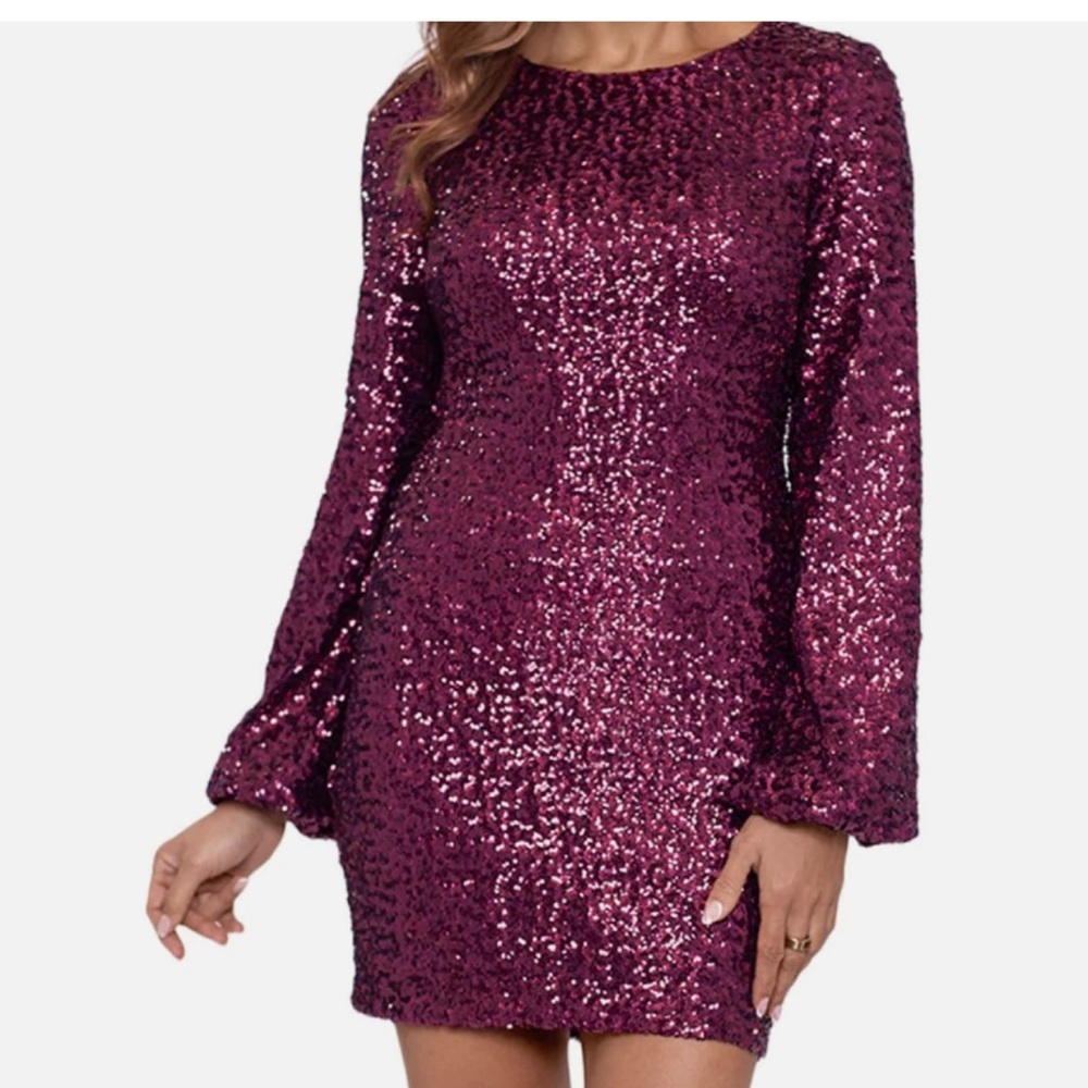 Women’s Formal Dress Sz 6, 10 Aqua Allover Sequin Long Sleeves Cocktail Red Gown - Picture 4 of 12